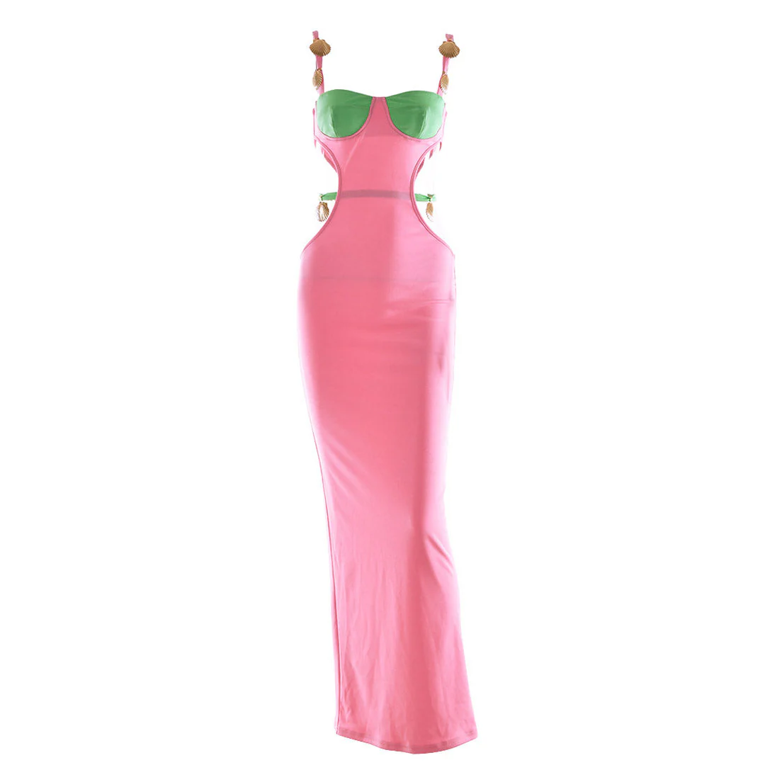 Contrast Color Shells Sleeveless Cutout Prom Maxi Dress - Pink - Image 2