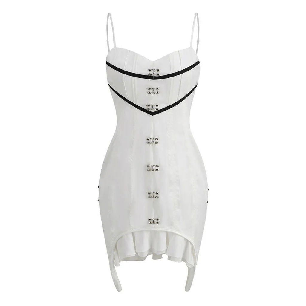 Sexy Contrast Satin Metal Detail Ruffle Hem Cami Bodycon Mini Party Dress - Image 3