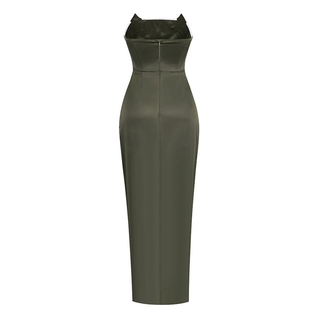 Sexy Corset Drop Waist Draped Waist Front Split Midi Satin Strapless Cocktail Dress - Image 2