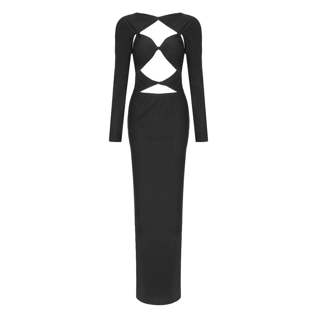 Sexy Crew Neck Knotted Twist CutOut Long Sleeve Thigh Split Maxi Evening Dress - Image 3