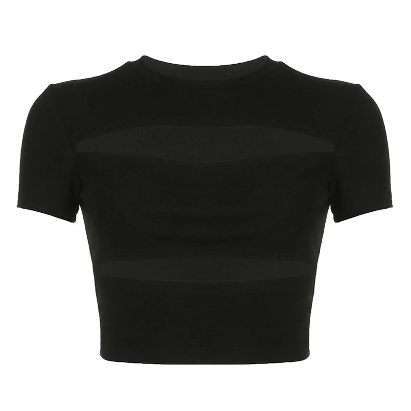Crew Neck Split Cutout Front Short Sleeve Fitted Cropped Top - Black - Image 3