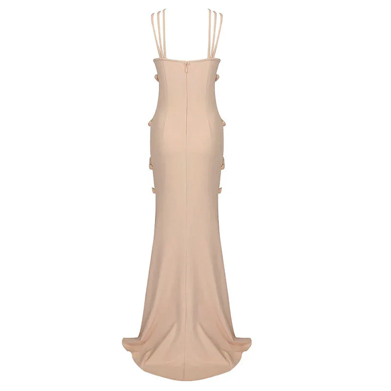 Sexy Criss Cross Braided Mesh CutOut Front Slit Maxi Evening Dress - Dusty Pink - Image 5