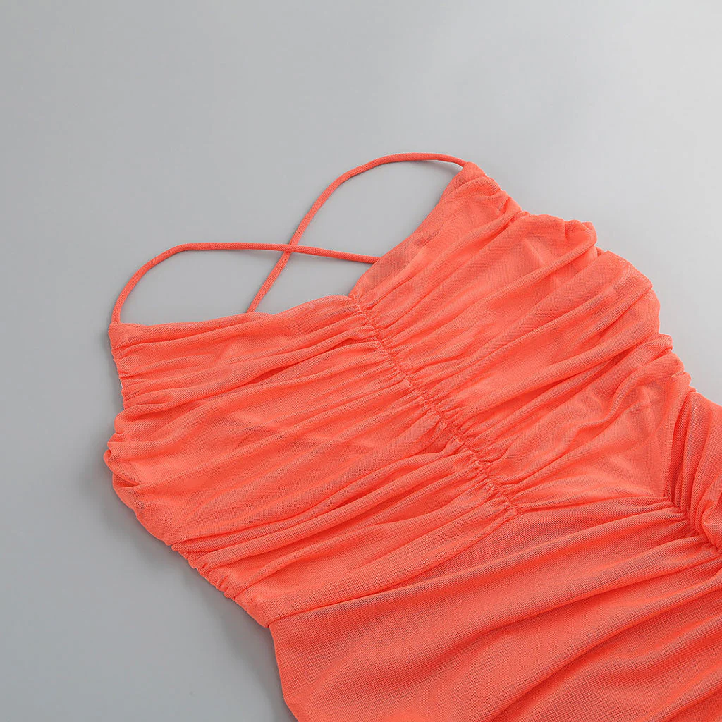 Sexy Crisscross Backless Semi Sheer Mesh Ruched Thigh Split Maxi Evening Dress - Image 3