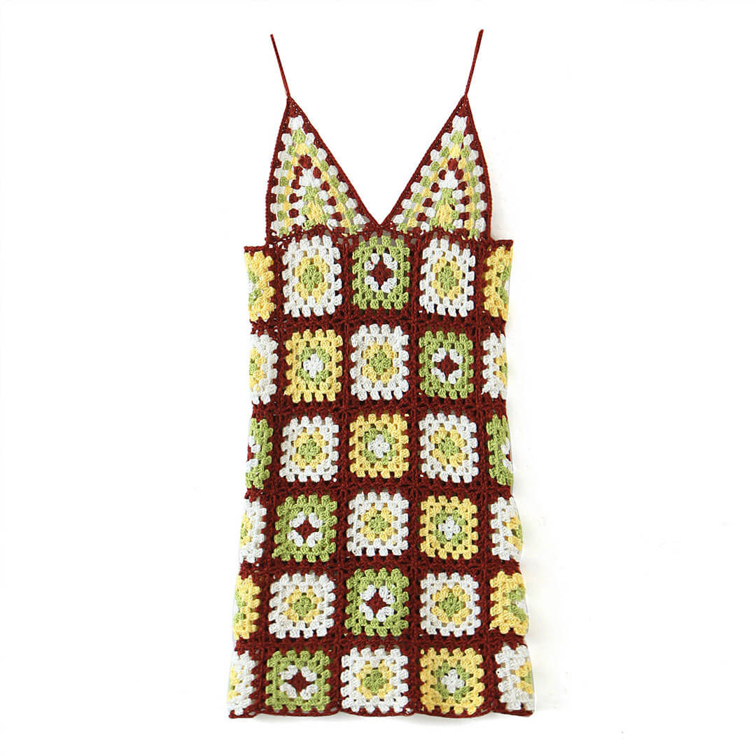 Crochet Knit Granny Square Patterns Slip Mini Dress - Burgundy - Image 2