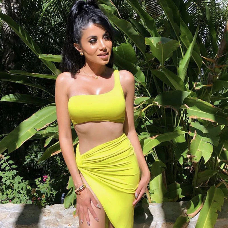 Cropped One Shoulder High Slit Skirt Matching Set - Yellow - Image 3