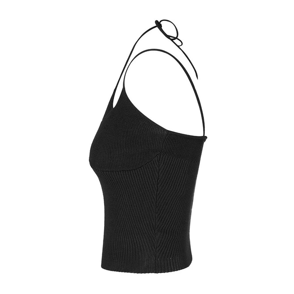 Sexy Cross Front Halter Neck Fitted Ribbed Knit Layered Crop Top - Image 2
