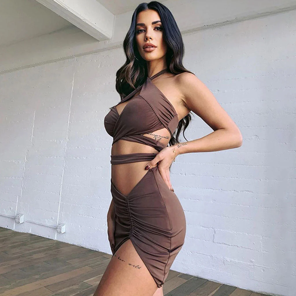 Crossover Crop Top Drawstring Skirt Matching Set - Coffee - Image 2