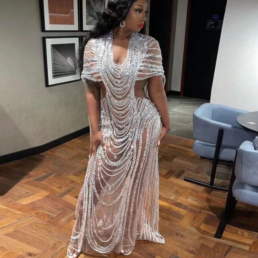 Sexy Crystal Accent Drape Cape CutOut Sheer Mesh Sequin Festive Maxi Formal Dress - Image 2