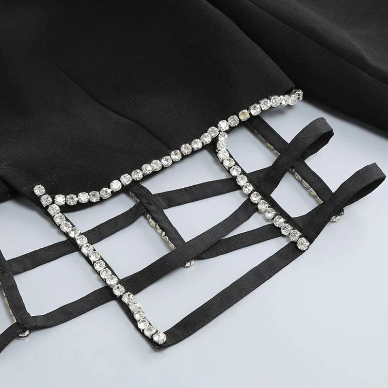 Sexy Crystal Embellished CutOut Lapel Collar Crop Blazer Matching Set - Black - Image 6
