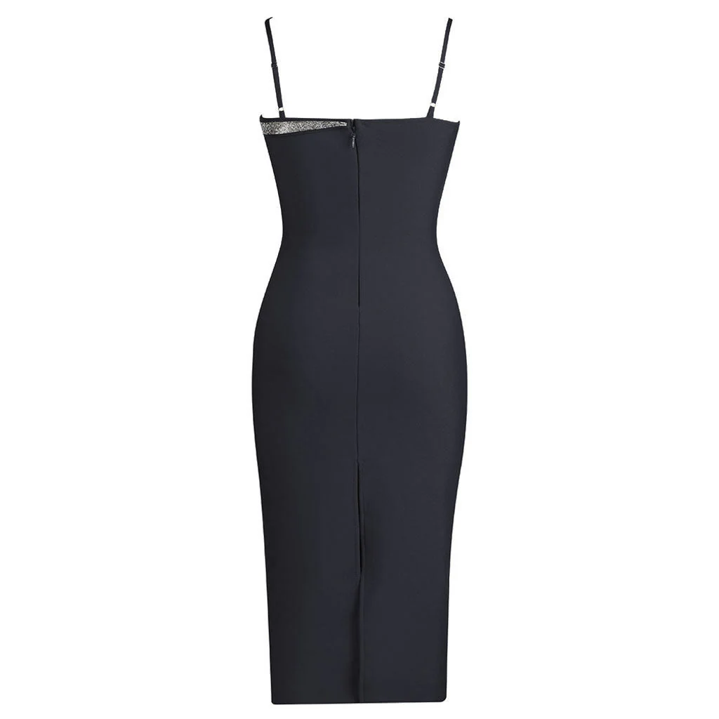 Sexy Crystal Embellished Snake Tail Spaghetti Strap Bodycon Midi Bandage Dress - Image 5