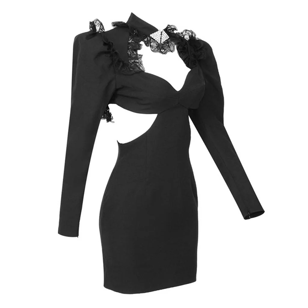 Sexy Crystal High Neck Lace Trim Puff Sleeve Bodycon CutOut Party Mini Dress - Image 2