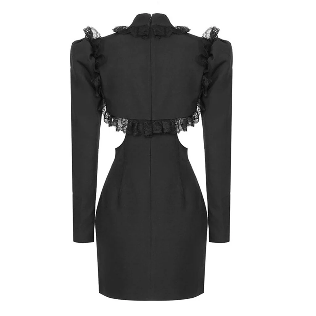 Sexy Crystal High Neck Lace Trim Puff Sleeve Bodycon CutOut Party Mini Dress - Image 3