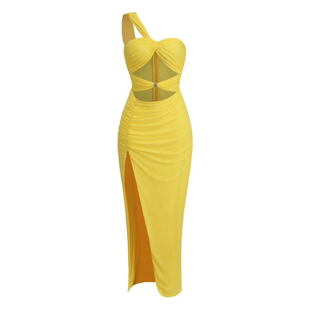 Sexy Crystal Ring One Shoulder Cut Out Split Mesh Maxi Evening Dress - Image 4