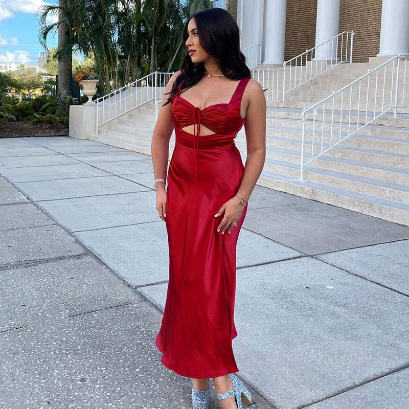 Cut Out Drawstring Lace Up Open Back Sleeveless Maxi Dress - Red - Image 2