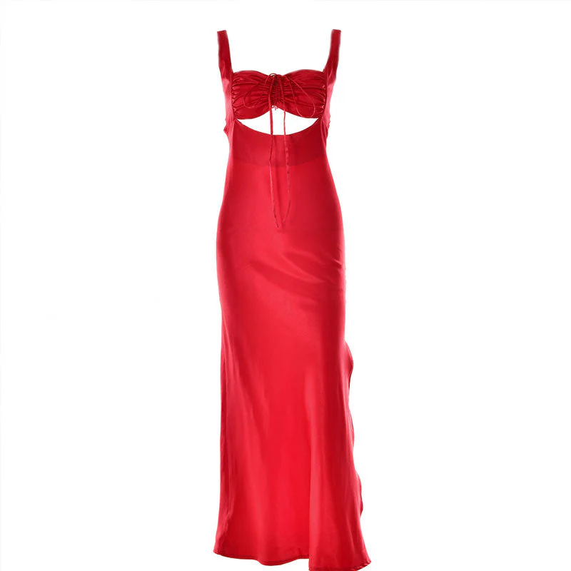 Cut Out Drawstring Lace Up Open Back Sleeveless Maxi Dress - Red - Image 3