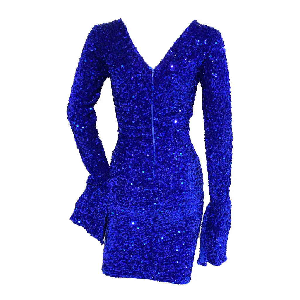Sexy Cut Out Front Twist Flutter Sleeve Frill Trim Velvet Sequin Mini Party Dress - Image 4