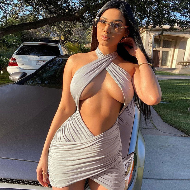 Cutout Front Cross Halter Neck Ruched Bodycon Mini Dress - Gray - Image 2