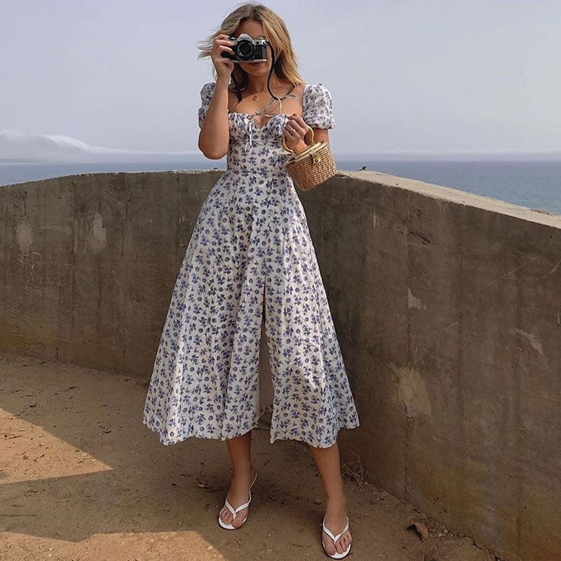 Daisy Printed Puff Sleeve High Slit Smock Maxi Sundress - Blue - Image 3