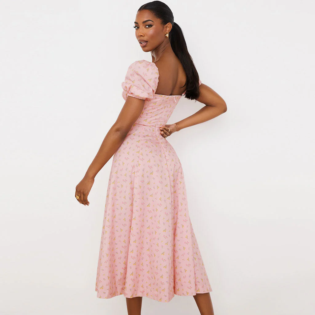 Daisy Printed Puff Sleeve High Slit Smock Maxi Sundress - Pink - Image 3