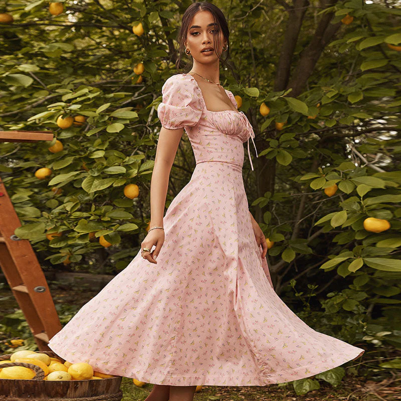 Daisy Printed Puff Sleeve High Slit Smock Maxi Sundress - Pink - Image 4