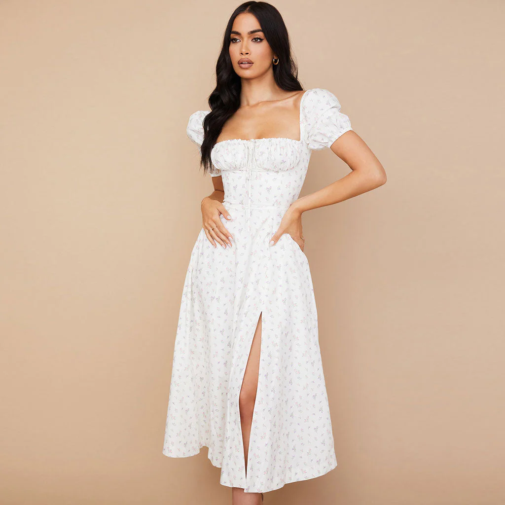 Daisy Printed Puff Sleeve High Slit Smock Maxi Sundress - White - Image 2