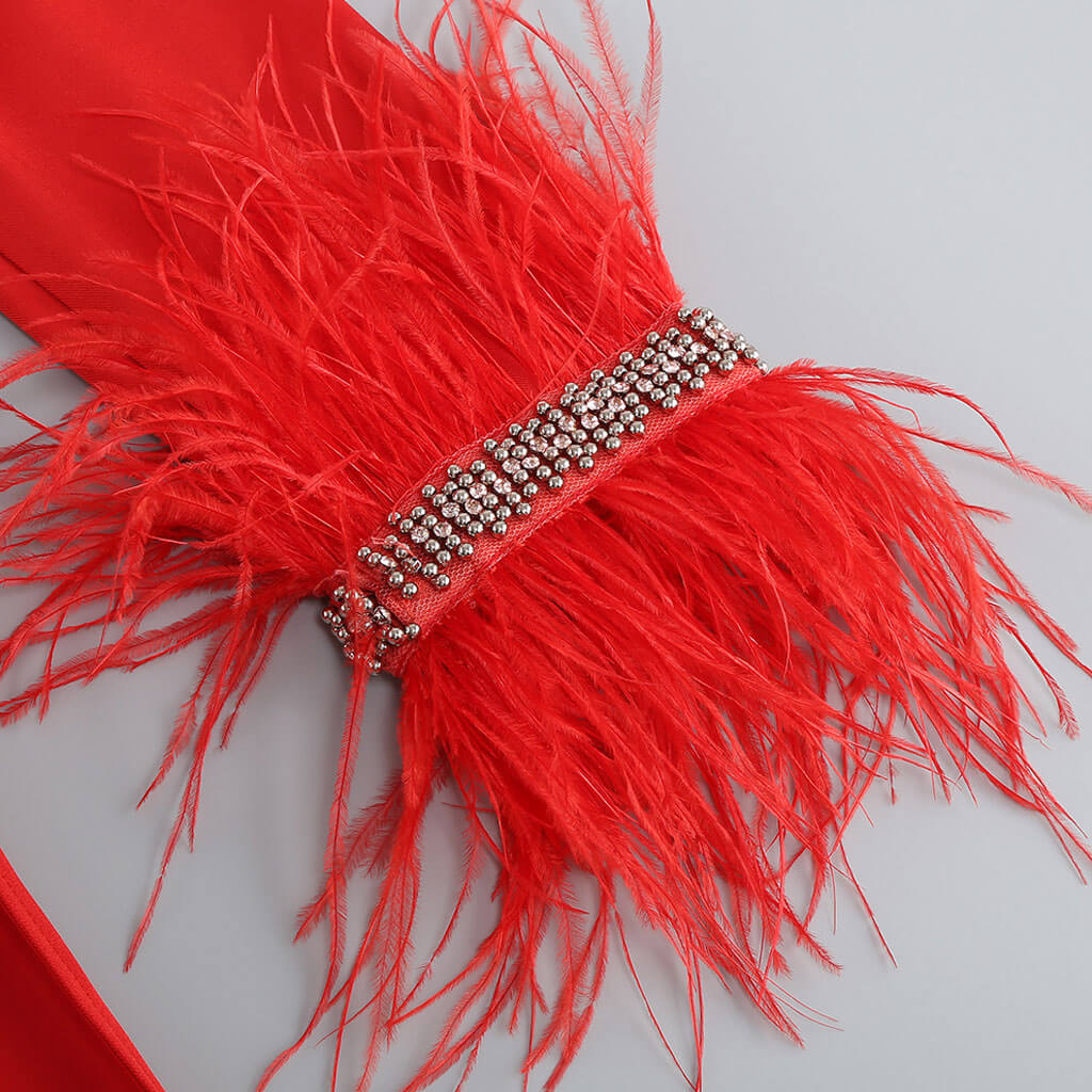 Sexy Faux Feather Long Sleeve Open Back Crystal Deep V Slit Maxi Dress - Image 5