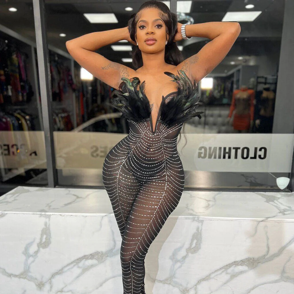Sexy Faux Feather Trim Plunge Neck Crystal Trim Bodycon Mesh Sheer Jumpsuit - Image 3