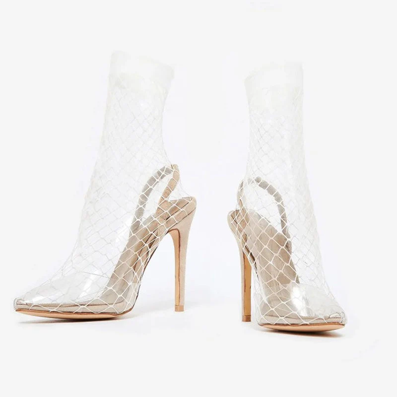 Sexy Fishnet Pointed Toe Stiletto Heel SlingBack Sandals - Apricot - Image 2