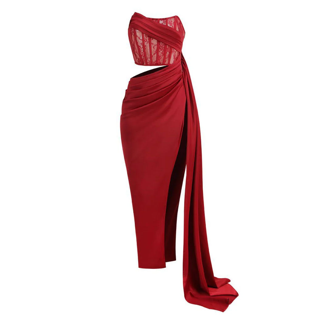 Sexy Floral Lace Panel Pleated Corset Draped High Split Maxi Evening Dress - Image 3