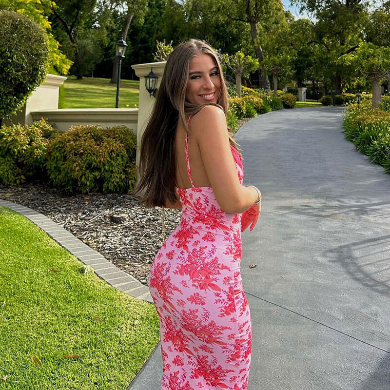 Flower Print Lace Trim Spaghetti Strap Bodycon Midi Dress - Pink - Image 3