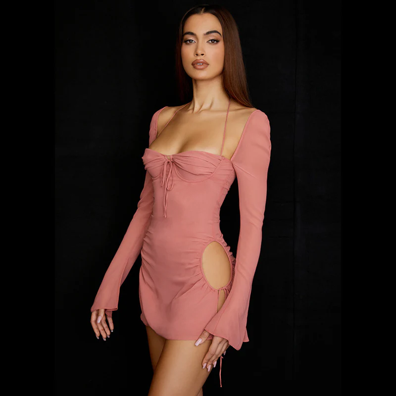 Halter Tie Strap Ruched Cut Out Club Mini Dress - Light Pink - Image 3