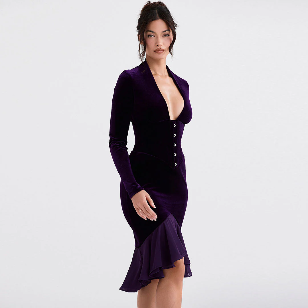 High Low Mesh Panel Ruffle Hem Long Sleeve Velvet Mini Dress - Purple - Image 2