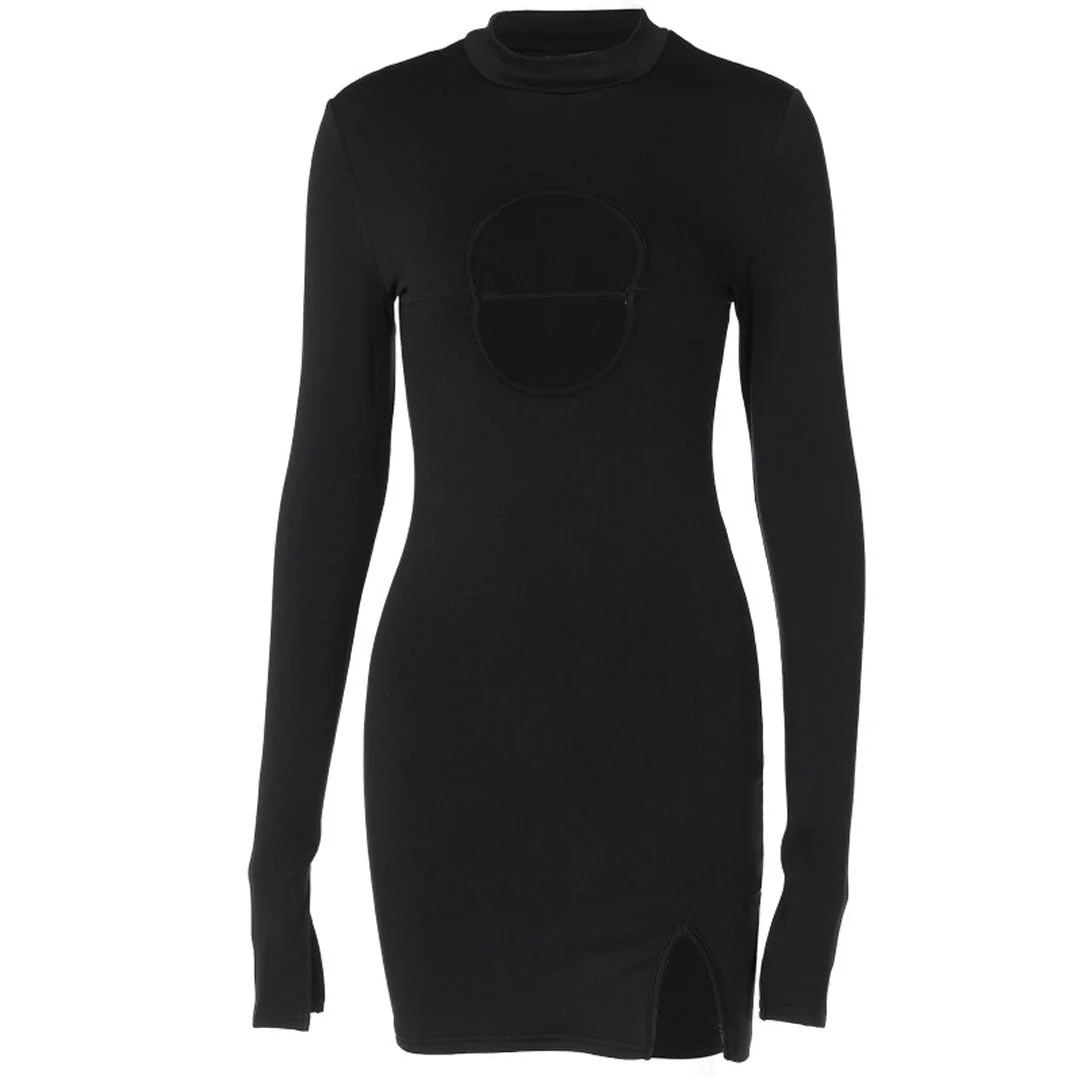 High Neck Long Sleeve Side Split Cutout Mini Dress - Black - Image 4