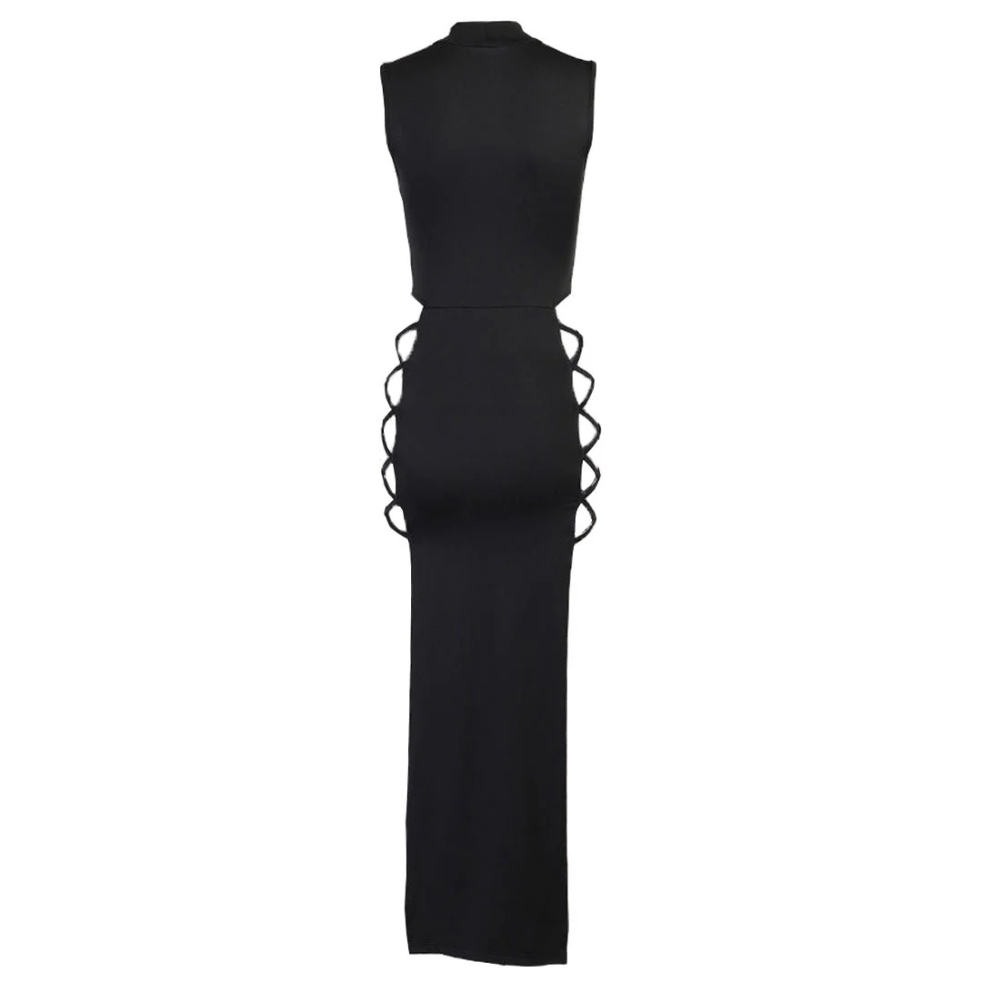 High Neck Sleeveless High Slit  Cut Out Maxi Dress - Black - Image 5