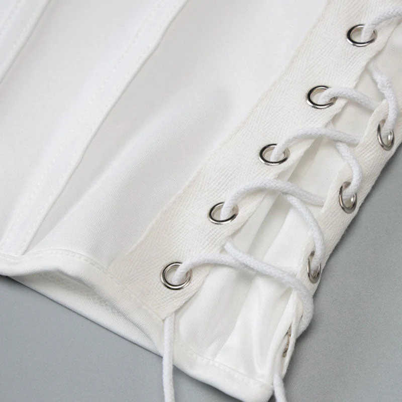 Hook And Eye Detail Curved Hem Lace Up Backless Halter Crop Top - Black - Image 4