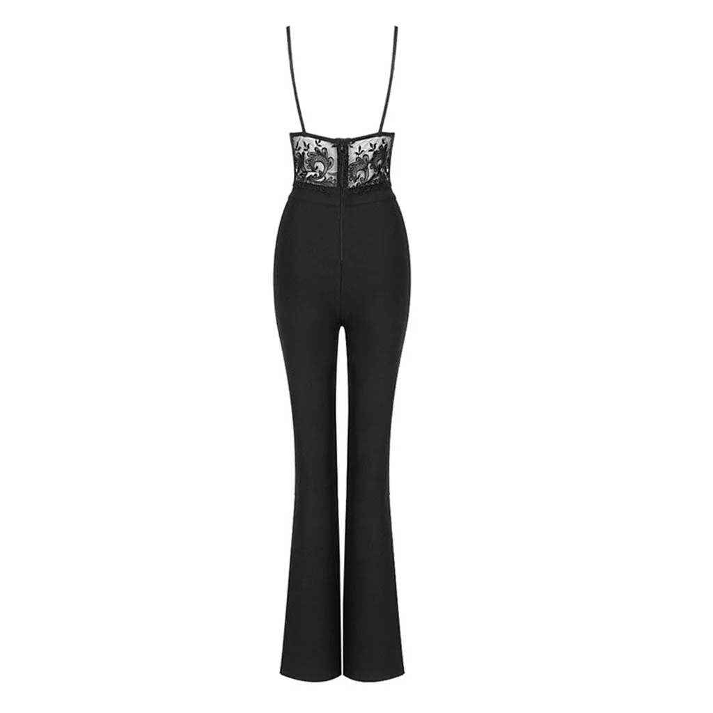Sexy Lace Trim Keyhole Cut Out Cami Side Slit Straight Leg Bandage Jumpsuit - Image 2