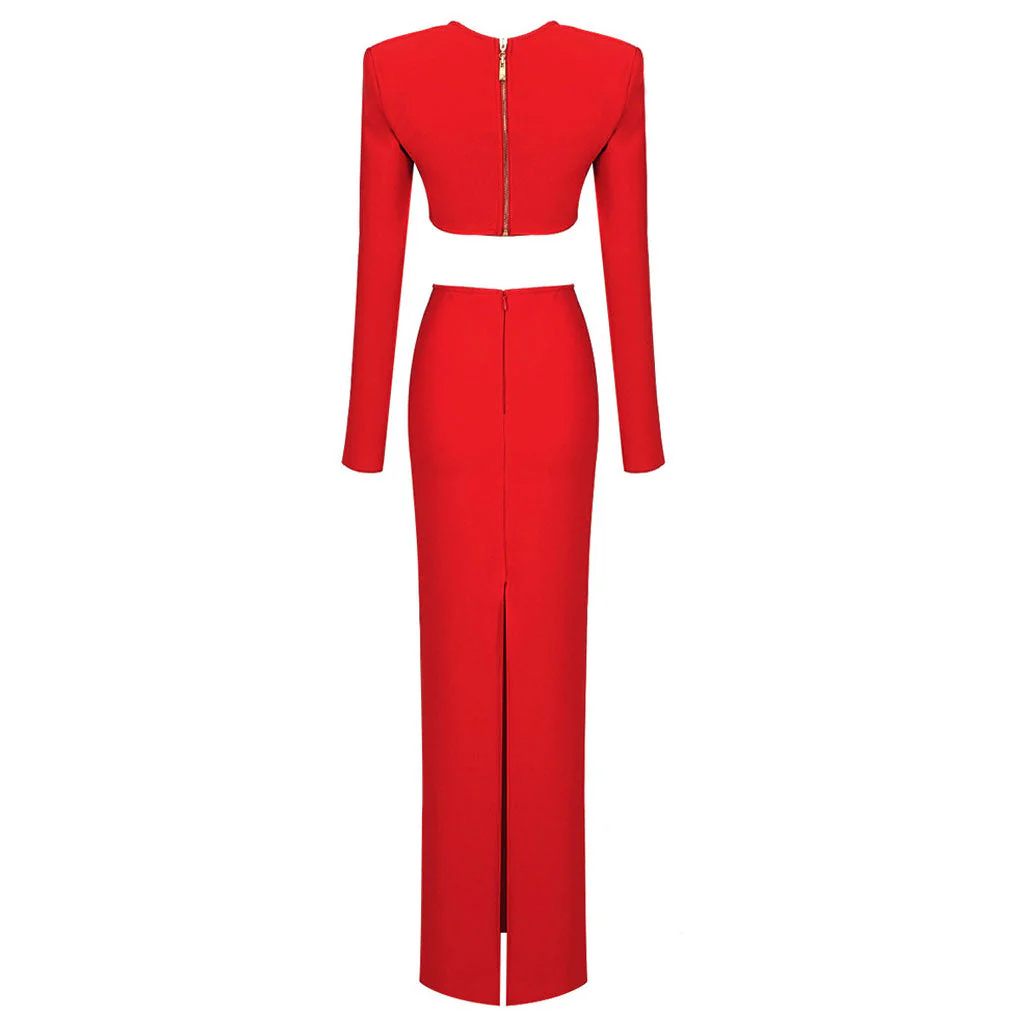 Sexy Long Sleeve Shoulder Pad Crop Top CutOut High Waist Skirt Matching Set - Image 10