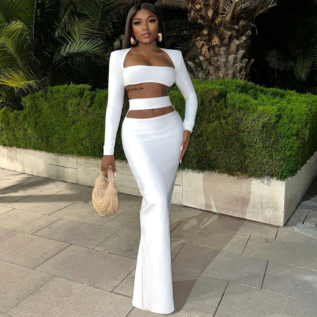 Sexy Long Sleeve Shoulder Pad Crop Top CutOut High Waist Skirt Matching Set - Image 5