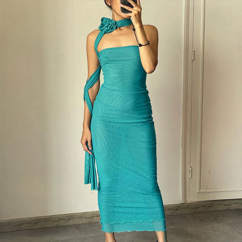 Mesh 3D Floral Choker Detail Strapless Bodycon Party Midi Dress - Turquoise - Image 2