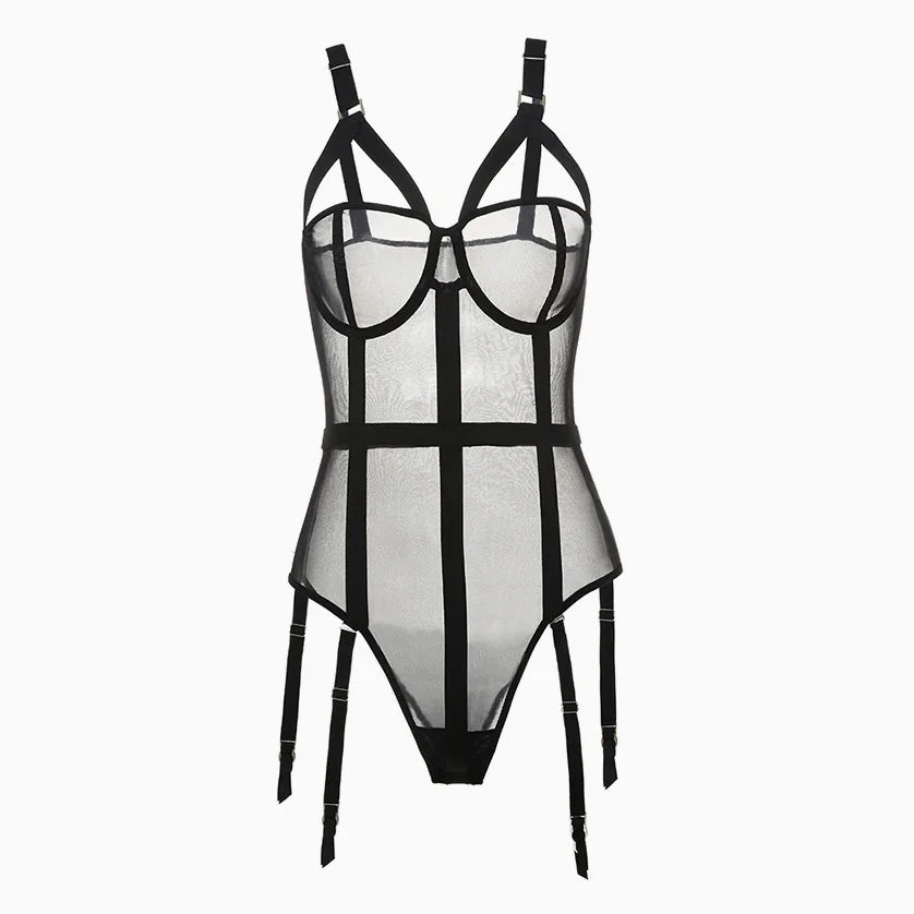 Gift to Yourself Cut Out Sheer Mesh Bandage Garter Teddy - Black - Image 5