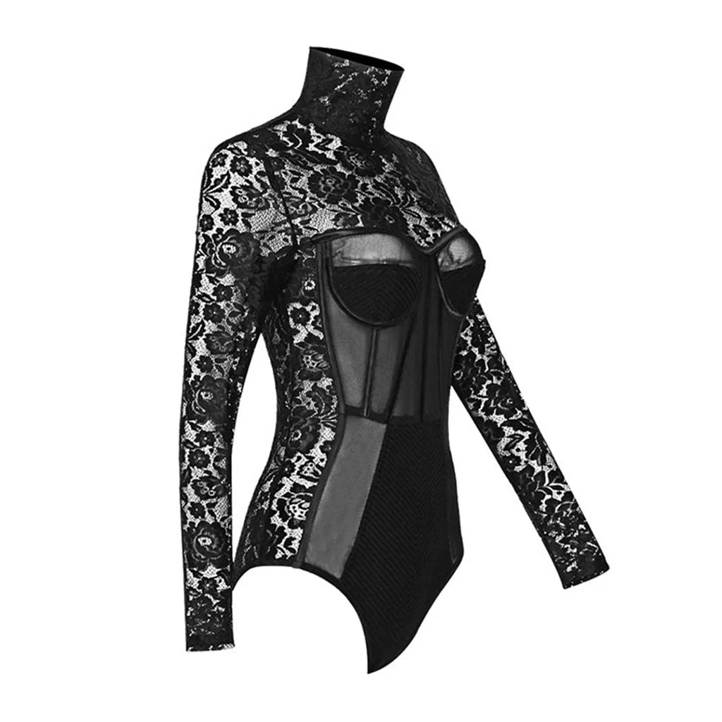 Sexy Mesh Panel High Neck Long Sleeve Floral Lace Corset Bodysuit - Image 2