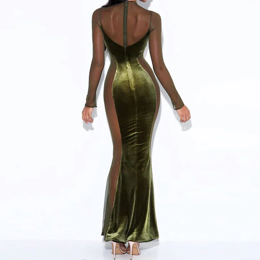 Sexy Mesh Panel Sheer Long Sleeve Mermaid Maxi Velvet Dress - Black - Image 4