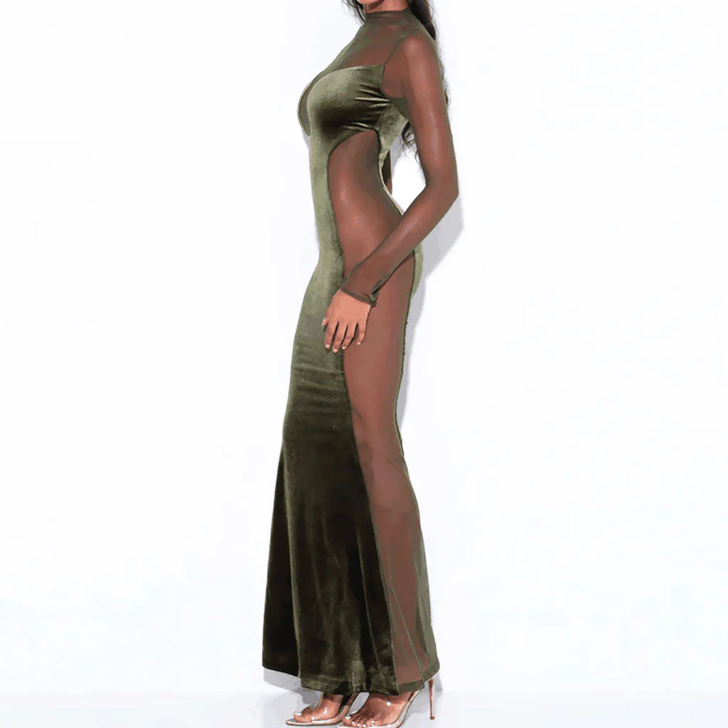 Sexy Mesh Panel Sheer Long Sleeve Mermaid Maxi Velvet Dress - Olive Green - Image 4