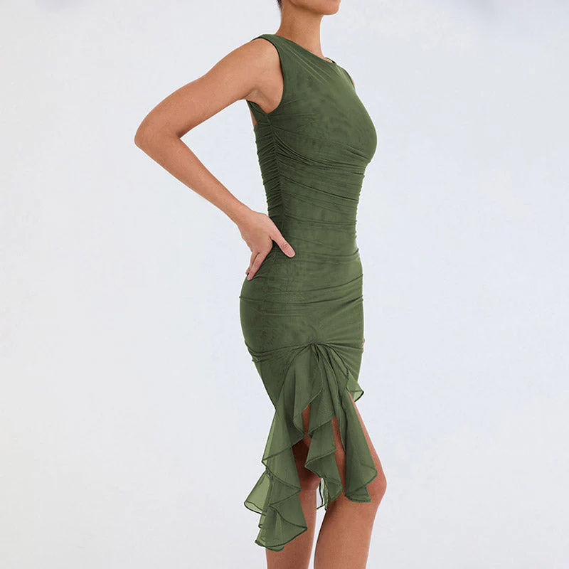 Mesh Ruched Crew Neck Sleeveless Bodycon Ruffle Cocktail Midi Dress - Army Green - Image 2