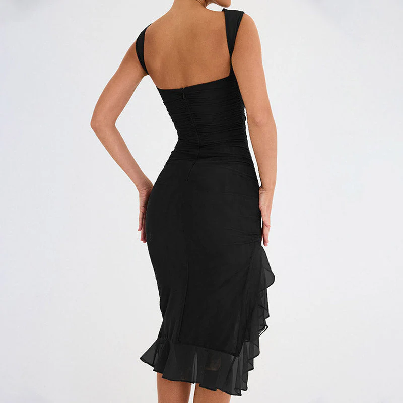 Mesh Ruched Crew Neck Sleeveless Bodycon Ruffle Cocktail Midi Dress - Black - Image 2