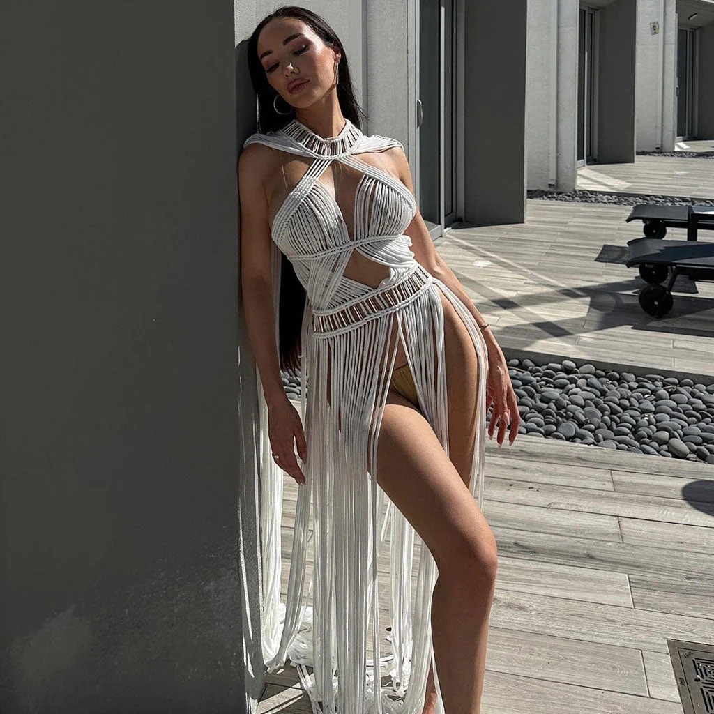 Sexy Metal Detail Macrame Cape High Neck Cut Out Backless Maxi Sheer Fringe Dress - Image 2