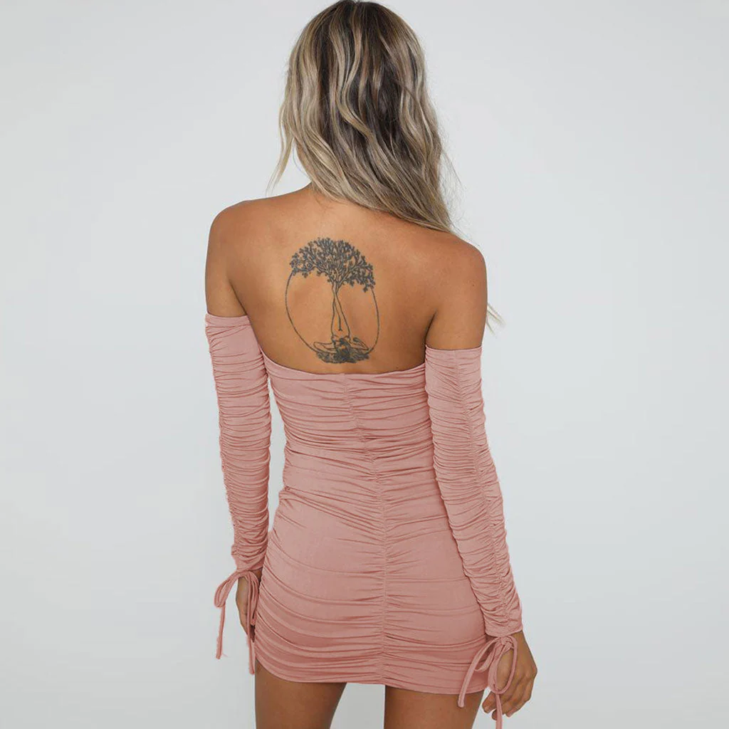 Off Shoulder Long Sleeve Ruched Party Mini Dress - Pink - Image 2