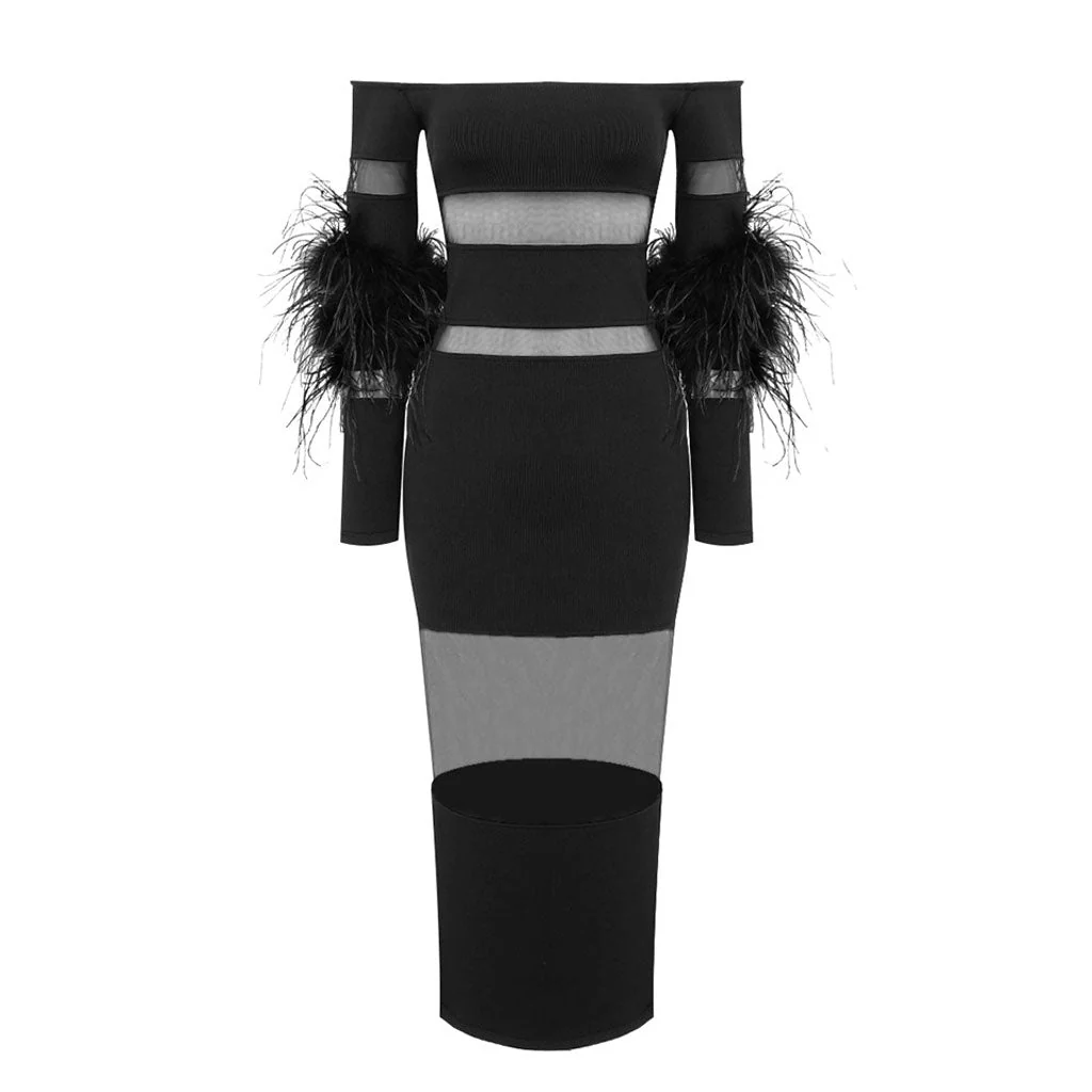 Sexy Off The Shoulder Feather Trim Sleeve Sheer Mesh Bandage Midi Dress - Image 6