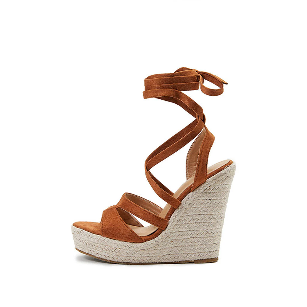 Sexy Open Toe Strappy Suede Lace Up Ankle Tie Wedge Espadrilles - Brown - Image 5