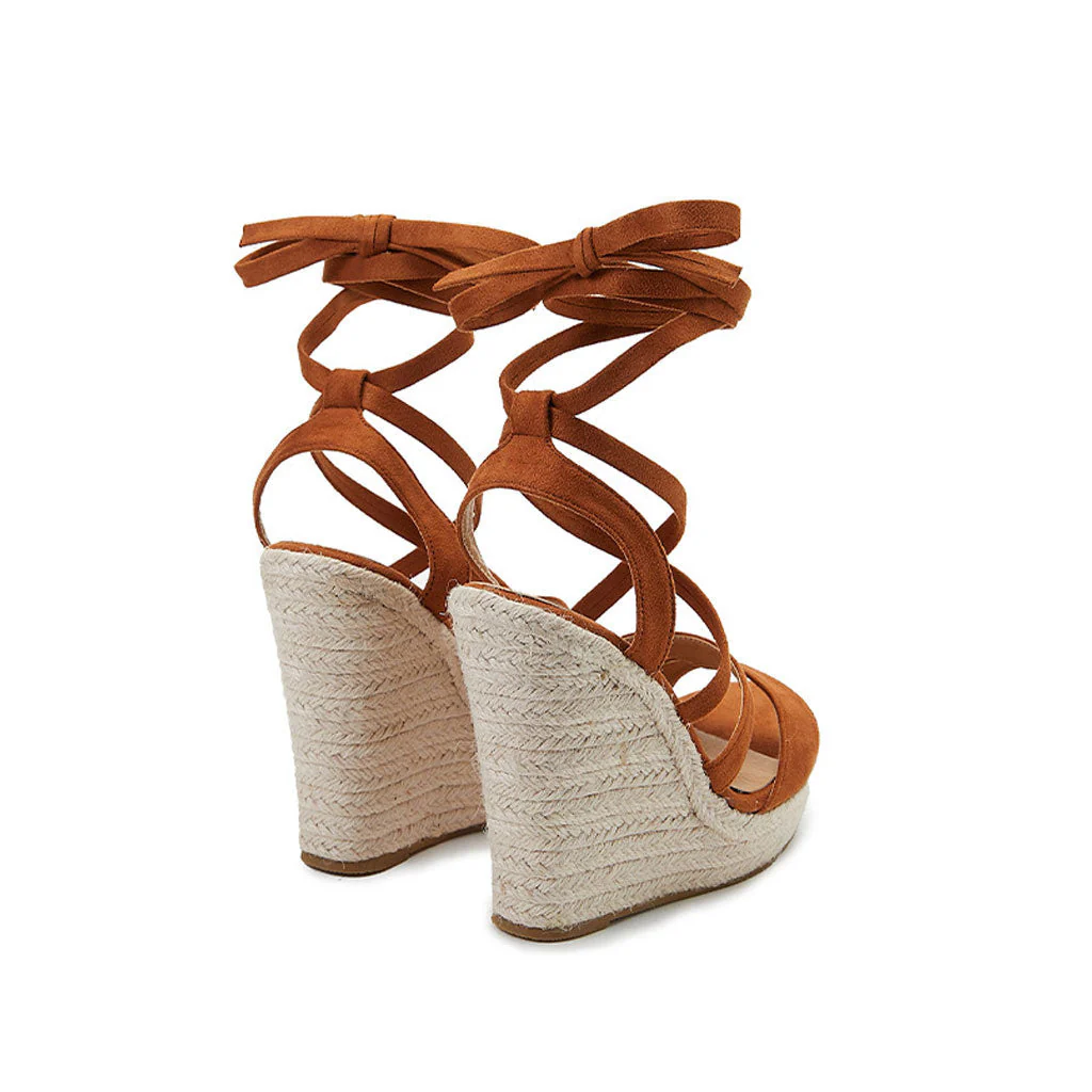 Sexy Open Toe Strappy Suede Lace Up Ankle Tie Wedge Espadrilles - Brown - Image 6